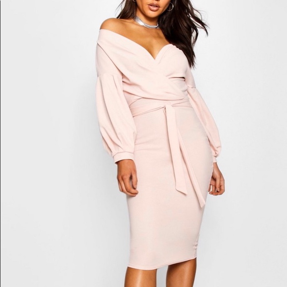 Blush pink off the shoulder midi bodycon dress